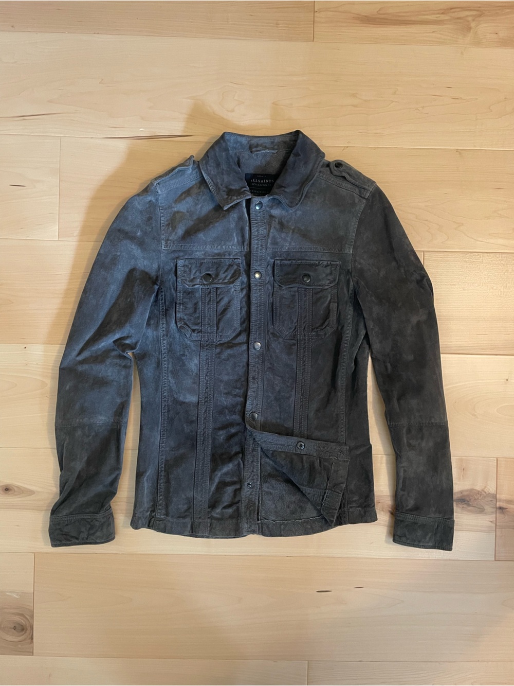 AllSaints Charcoal Gray Leather Button Jacket